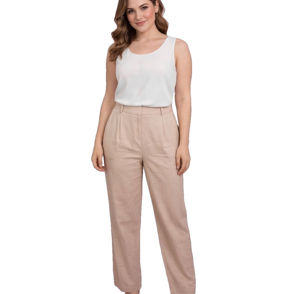 TOPSHOP‎ Size 6 Beige High Waisted Linen Blend Trouser Pants Office Coastal Mom